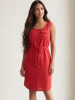 Sleeveless Button-Front Deep Blood Orange Shift Dress with Waist Tie